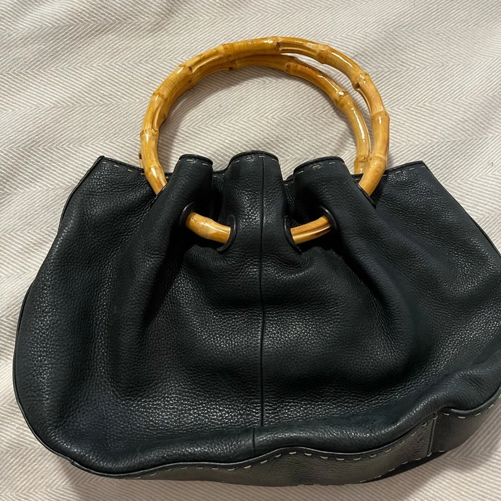 Black Leather Tote with Bamboo Handles - Elegant Women's Bag